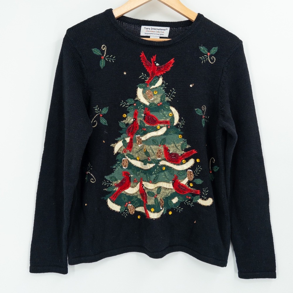 Vintage Tiara International Christmas Tree Cardinal Sweater Medium Black Holiday